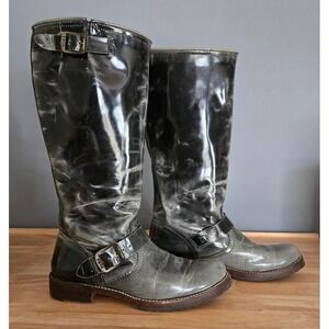 Frye Distressed Patent Leather‎ Riding Boots Biker Knee High Buckles *READ**